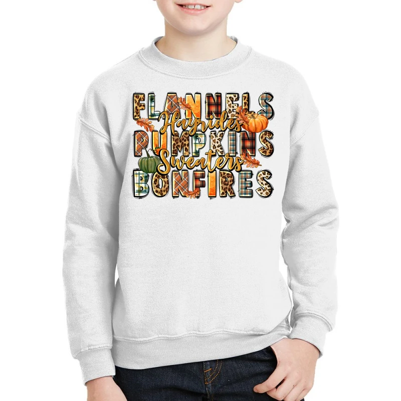 Flannels Hayrides Pumpkins Bonfires Youth Sweatshirt 3 Flannels Hayrides Pumpkins Bonfires Youth Sweatshirt